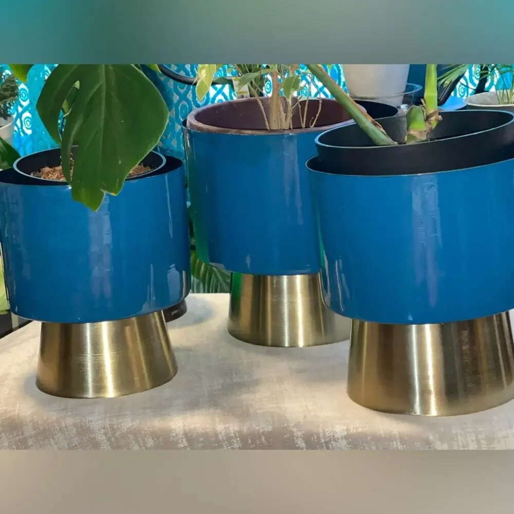 CosmoLiving NEW Blue & Gold Metal Planter 3/SET Modern Home Decor Indoor/Outdoor